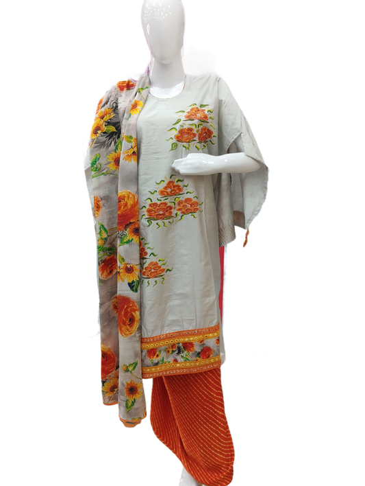 HAND PAINTED SUIT WITH PRINTED CHINON DUPATTA . SATIN GEORGETTE BOTTOM