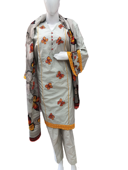 HAND PAINTED SUIT WITH PRINTED CHINON DUPATTA AND PLAIN PLAZO