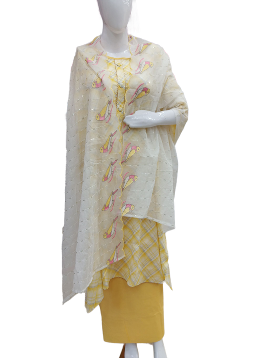 COTTON SUIT WITH DORIA SEQUENCE WORK AND BIRD DESIGN EMBROIDERY